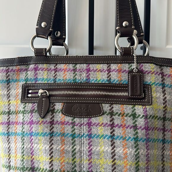 COACH Penelope Wool Tattersall Tweed Leather Trim Tote Shoulder Hand Bag Top Zip - Picture 11 of 13